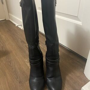 Black vegan leather heeled boots
